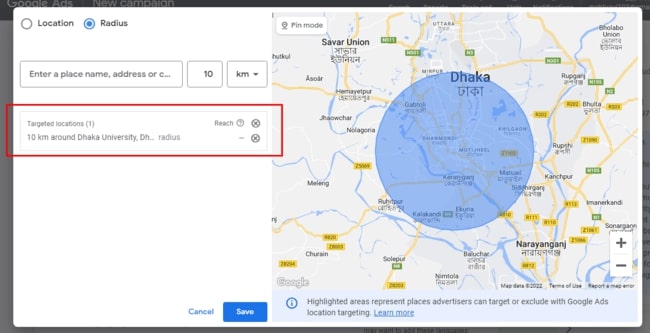 10km Radius Based Target at Dhaka University, Bangladesh