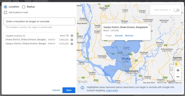 Location Based Target in Google ads Dhaka Division, Bangladesh